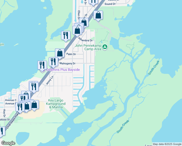 map of restaurants, bars, coffee shops, grocery stores, and more near 837 2nd Lane in Key Largo