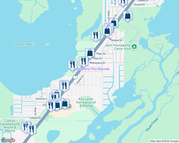 map of restaurants, bars, coffee shops, grocery stores, and more near Gumbo Limbo Drive in Key Largo
