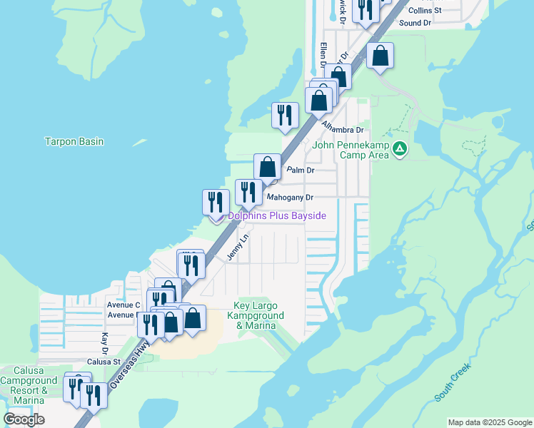 map of restaurants, bars, coffee shops, grocery stores, and more near 216 Lignumvitae Drive in Key Largo