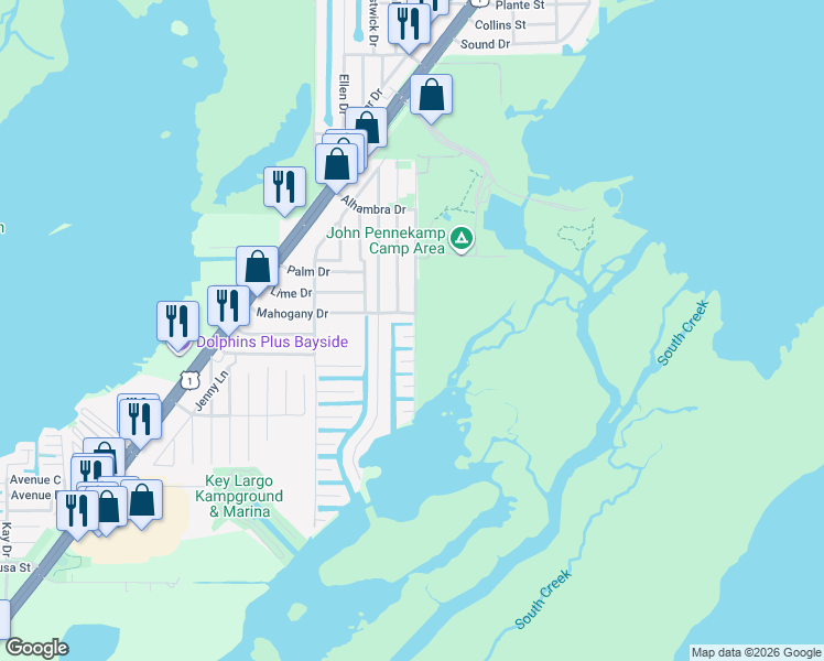 map of restaurants, bars, coffee shops, grocery stores, and more near 380 Mahogany Drive in Key Largo