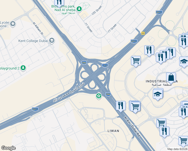 map of restaurants, bars, coffee shops, grocery stores, and more near Al Ain - Dubai Road in Dubai