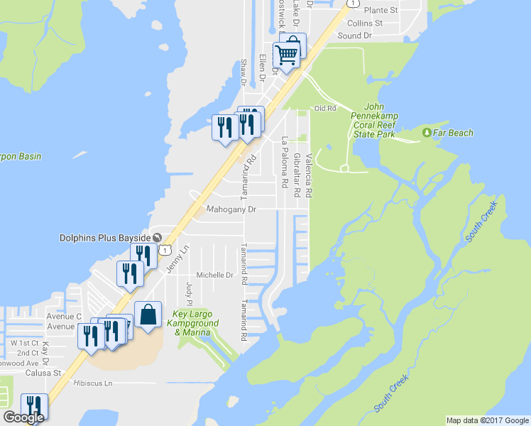 map of restaurants, bars, coffee shops, grocery stores, and more near 360 Mahogany Drive in Key Largo