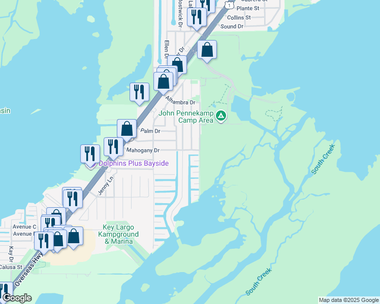 map of restaurants, bars, coffee shops, grocery stores, and more near 380 Mahogany Drive in Key Largo