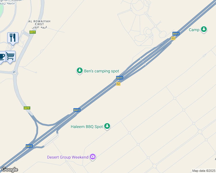 map of restaurants, bars, coffee shops, grocery stores, and more near Emirates Road in Dubai