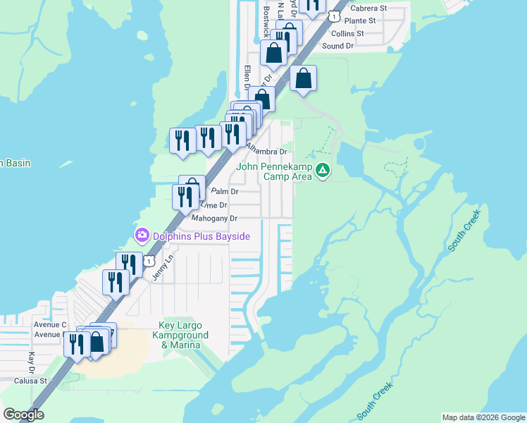 map of restaurants, bars, coffee shops, grocery stores, and more near 360 Mahogany Drive in Key Largo