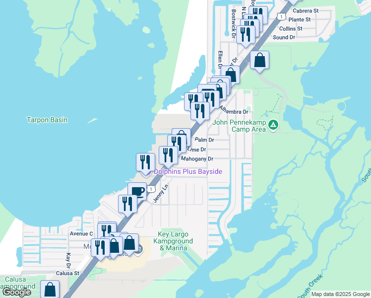 map of restaurants, bars, coffee shops, grocery stores, and more near 102131 Overseas Hwy in Key Largo