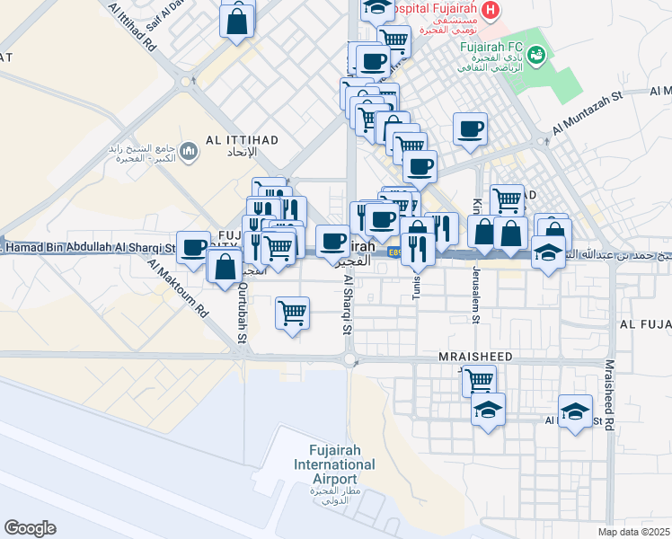 map of restaurants, bars, coffee shops, grocery stores, and more near E89 in Fujairah