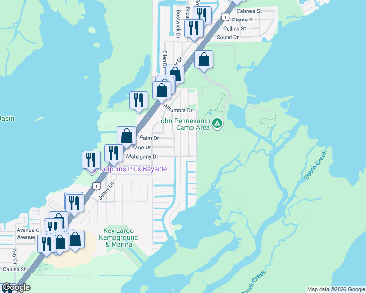 map of restaurants, bars, coffee shops, grocery stores, and more near 979-989 Gibraltar Rd in Key Largo