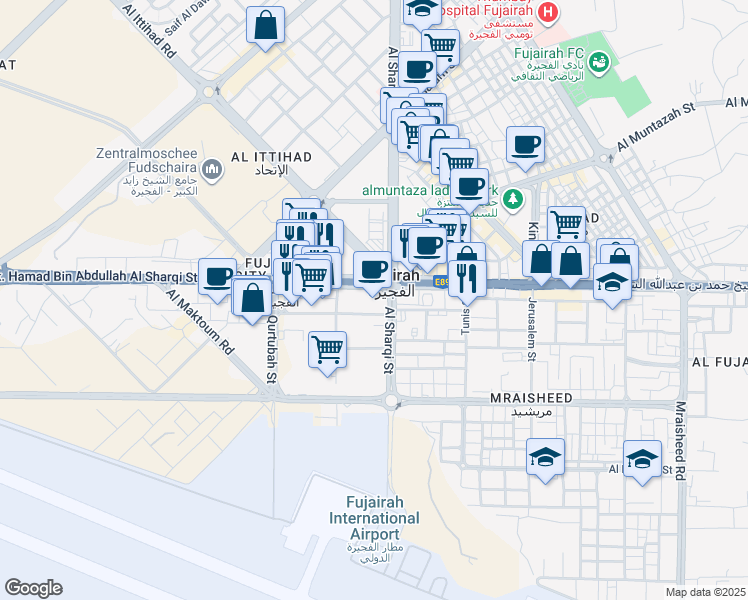 map of restaurants, bars, coffee shops, grocery stores, and more near E89 in Fujairah