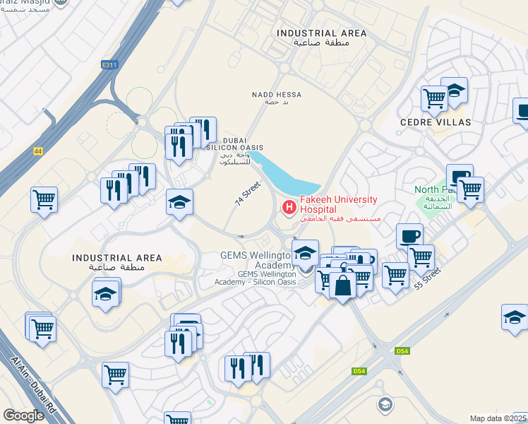 map of restaurants, bars, coffee shops, grocery stores, and more near Unnamed Road in Dubai
