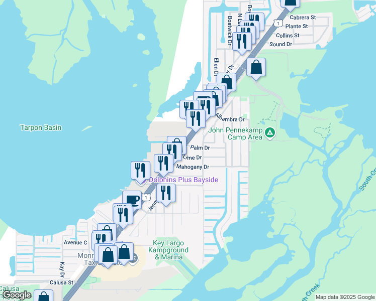 map of restaurants, bars, coffee shops, grocery stores, and more near 102131 Overseas Highway in Key Largo