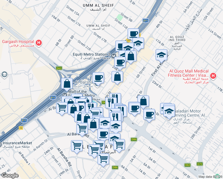 map of restaurants, bars, coffee shops, grocery stores, and more near 4th Street in Dubai
