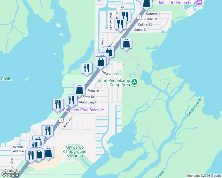 map of restaurants, bars, coffee shops, grocery stores, and more near 566 Palm Drive in Key Largo