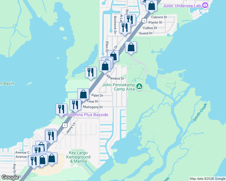 map of restaurants, bars, coffee shops, grocery stores, and more near 802 Madrid Road in Key Largo