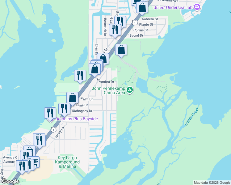 map of restaurants, bars, coffee shops, grocery stores, and more near 1013 Gibraltar Road in Key Largo