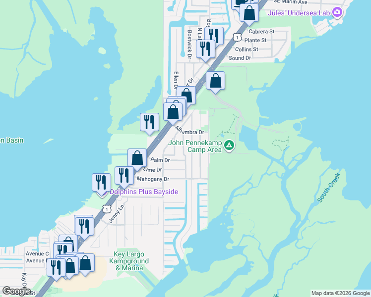 map of restaurants, bars, coffee shops, grocery stores, and more near 815 Madrid Road in Key Largo