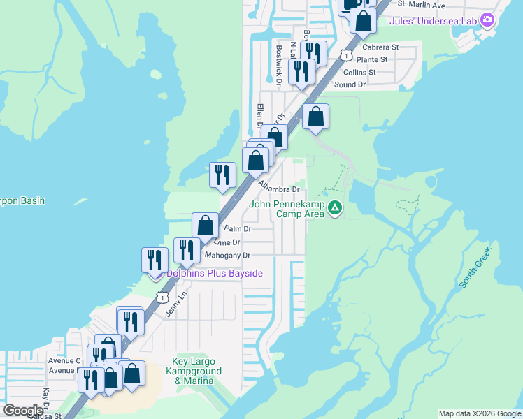 map of restaurants, bars, coffee shops, grocery stores, and more near 815 Madrid Road in Key Largo