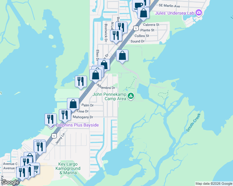 map of restaurants, bars, coffee shops, grocery stores, and more near 1013 Gibraltar Road in Key Largo