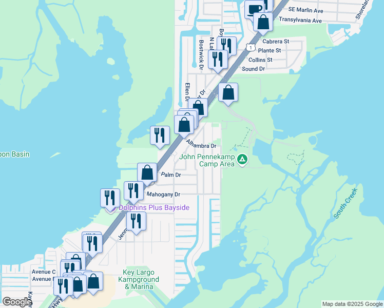 map of restaurants, bars, coffee shops, grocery stores, and more near 815 Madrid Road in Key Largo