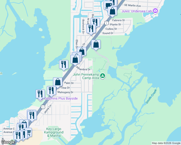 map of restaurants, bars, coffee shops, grocery stores, and more near 1013 Gibraltar Road in Key Largo
