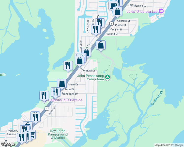map of restaurants, bars, coffee shops, grocery stores, and more near 1013 Gibraltar Road in Key Largo
