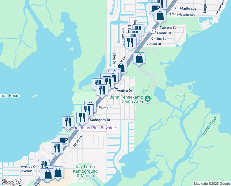 map of restaurants, bars, coffee shops, grocery stores, and more near 815 Madrid Road in Key Largo