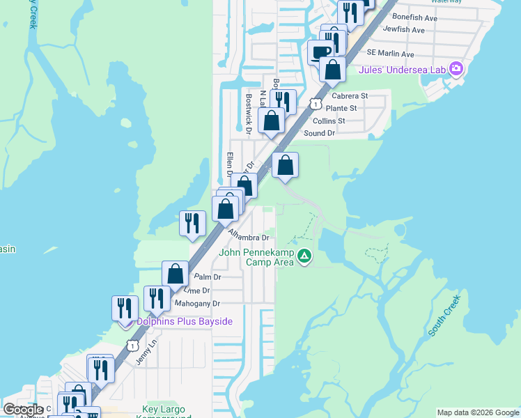 map of restaurants, bars, coffee shops, grocery stores, and more near 102533 Overseas Highway in Key Largo