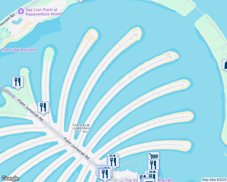 map of restaurants, bars, coffee shops, grocery stores, and more near Frond D in Dubai
