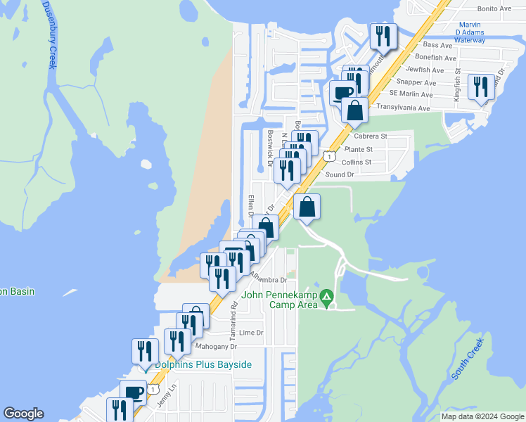 map of restaurants, bars, coffee shops, grocery stores, and more near 751 Musa Drive in Key Largo