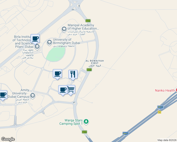 map of restaurants, bars, coffee shops, grocery stores, and more near Al Manama Street in Dubai