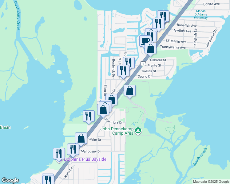 map of restaurants, bars, coffee shops, grocery stores, and more near 102670 Overseas Highway in Key Largo