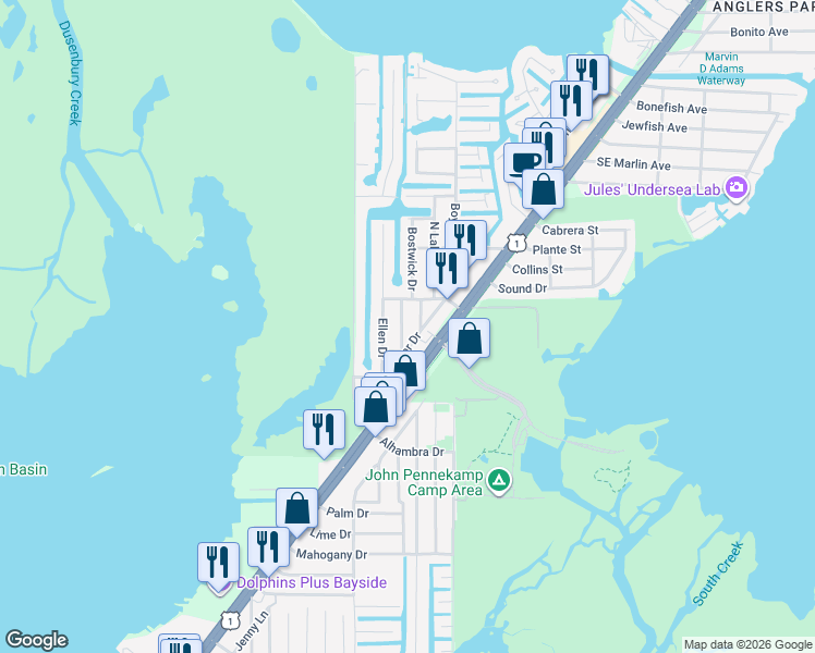 map of restaurants, bars, coffee shops, grocery stores, and more near 751 Musa Drive in Key Largo