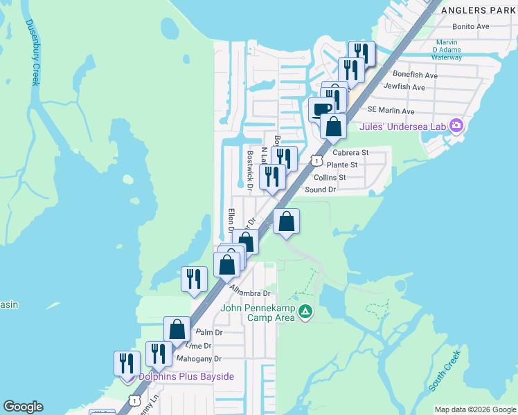 map of restaurants, bars, coffee shops, grocery stores, and more near 103 Canal Street in Key Largo