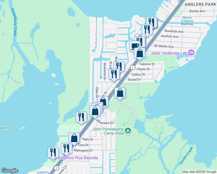 map of restaurants, bars, coffee shops, grocery stores, and more near 664 Colson Drive in Key Largo