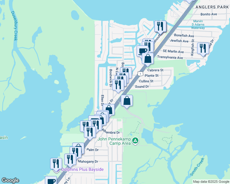 map of restaurants, bars, coffee shops, grocery stores, and more near 103 Canal Street in Key Largo