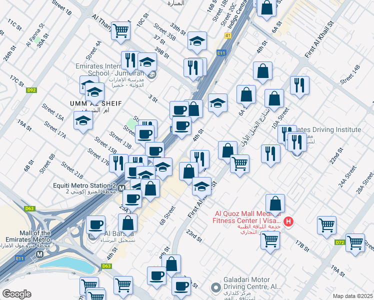 map of restaurants, bars, coffee shops, grocery stores, and more near 4th Street in Dubai