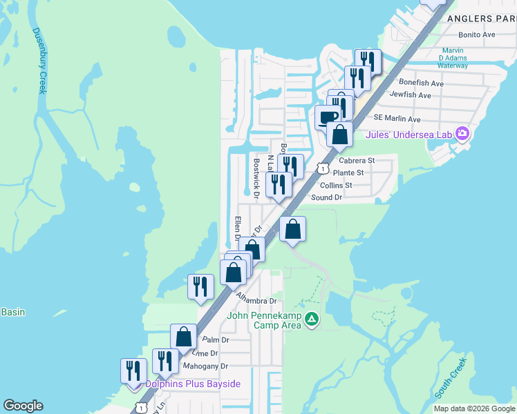map of restaurants, bars, coffee shops, grocery stores, and more near 769 Musa Drive in Key Largo
