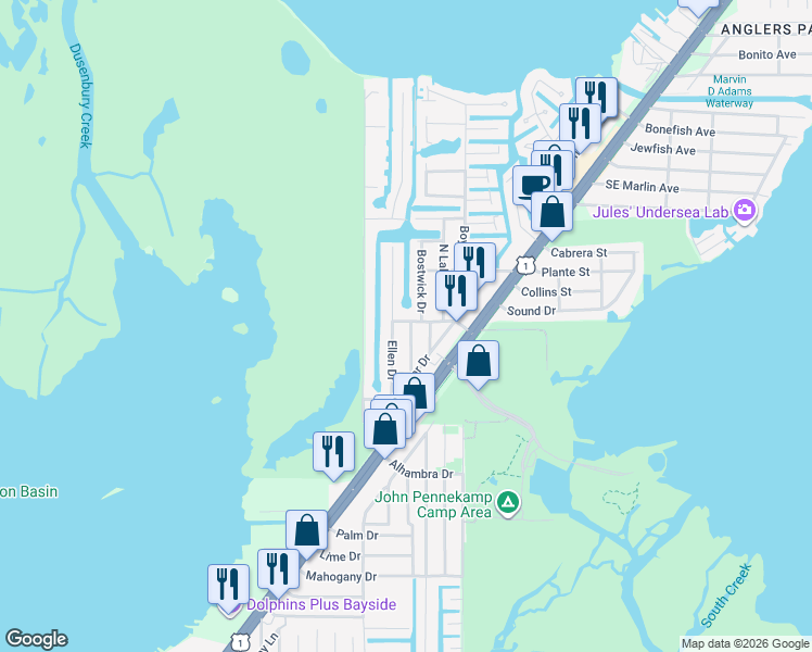 map of restaurants, bars, coffee shops, grocery stores, and more near 769 Musa Drive in Key Largo