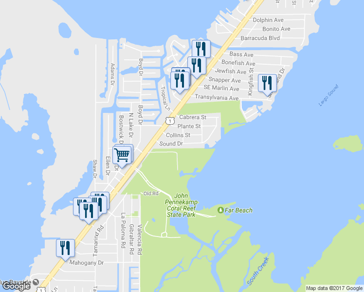 map of restaurants, bars, coffee shops, grocery stores, and more near 324 Sound Drive in Key Largo