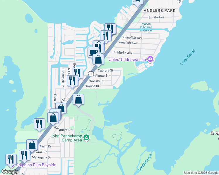 map of restaurants, bars, coffee shops, grocery stores, and more near 342 Sound Drive in Key Largo