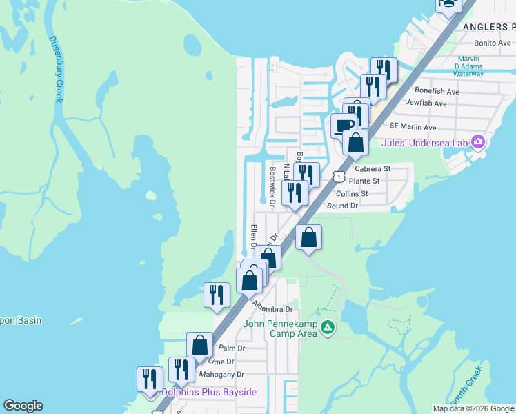 map of restaurants, bars, coffee shops, grocery stores, and more near 769 Musa Drive in Key Largo
