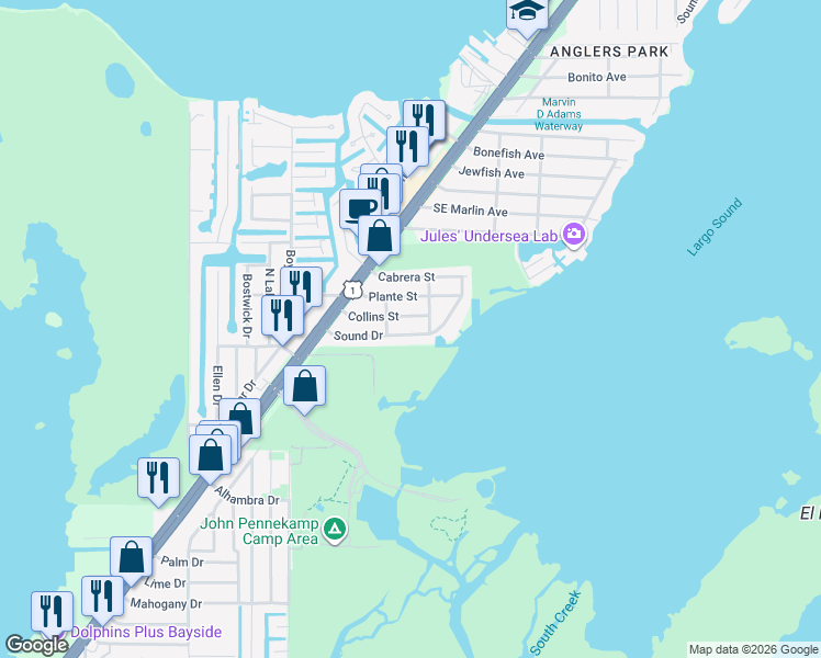 map of restaurants, bars, coffee shops, grocery stores, and more near 441 Collins Street in Key Largo
