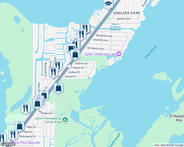 map of restaurants, bars, coffee shops, grocery stores, and more near 358 Sound Drive in Key Largo