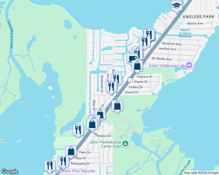 map of restaurants, bars, coffee shops, grocery stores, and more near 676 North Lake Drive in Key Largo