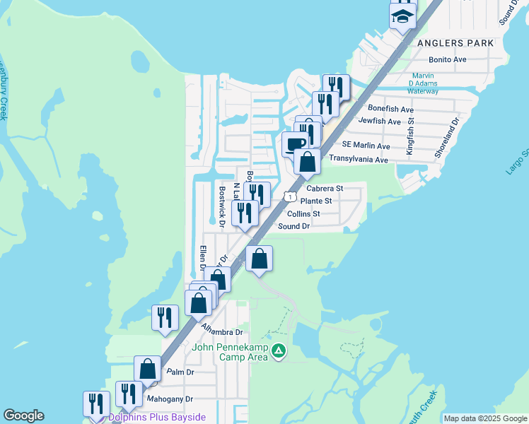 map of restaurants, bars, coffee shops, grocery stores, and more near 102920 Overseas Highway in Key Largo