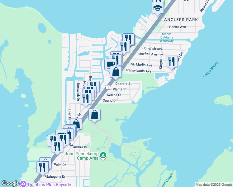 map of restaurants, bars, coffee shops, grocery stores, and more near 42 Village Avenue in Key Largo