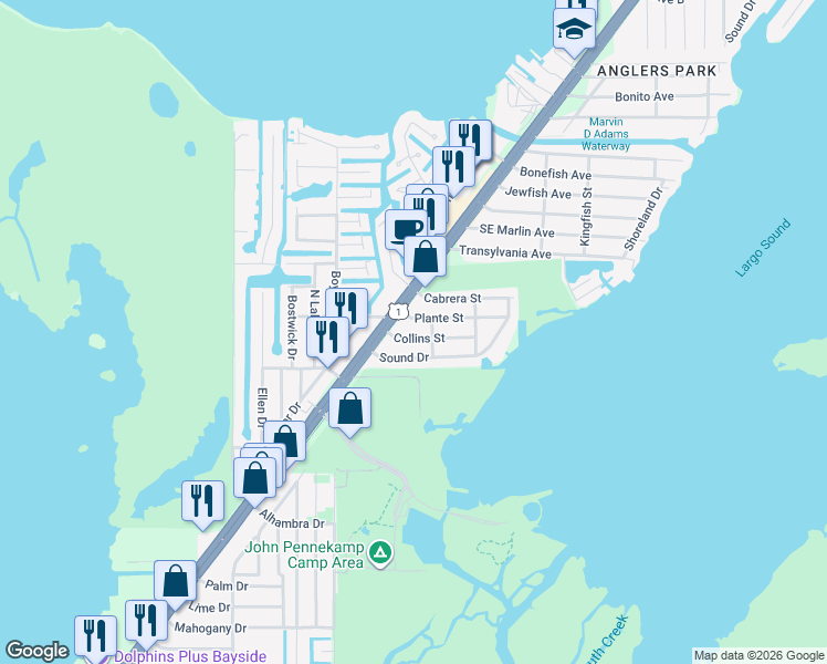map of restaurants, bars, coffee shops, grocery stores, and more near 42 Village Avenue in Key Largo