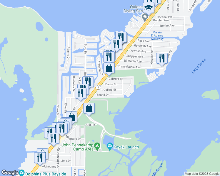 map of restaurants, bars, coffee shops, grocery stores, and more near 423 Collins Street in Key Largo