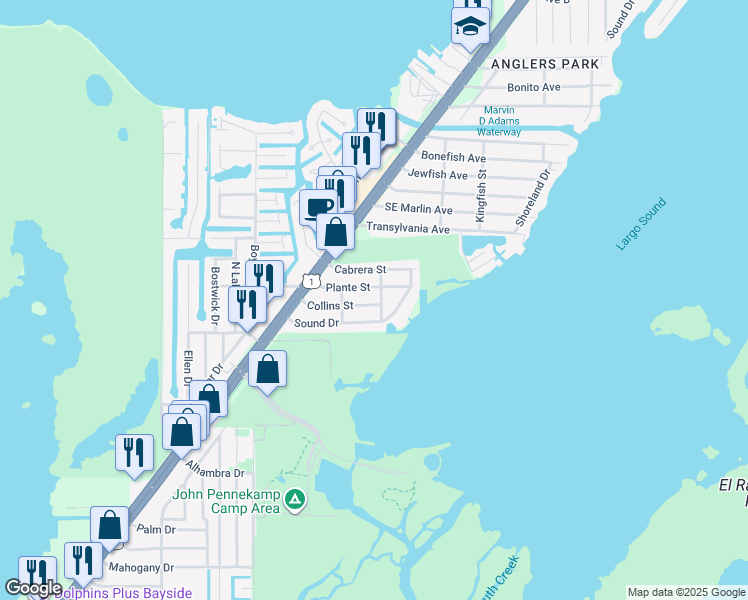map of restaurants, bars, coffee shops, grocery stores, and more near 441 Collins Street in Key Largo
