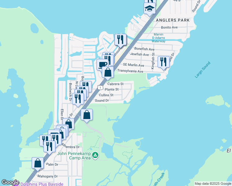 map of restaurants, bars, coffee shops, grocery stores, and more near 441 Collins Street in Key Largo